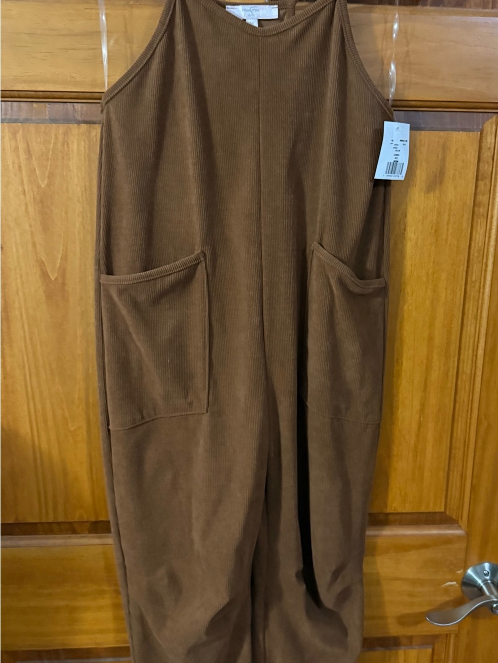 Moa Moa Chestnut Brown Ribbed Kids Jumpsuit with Front Pockets
